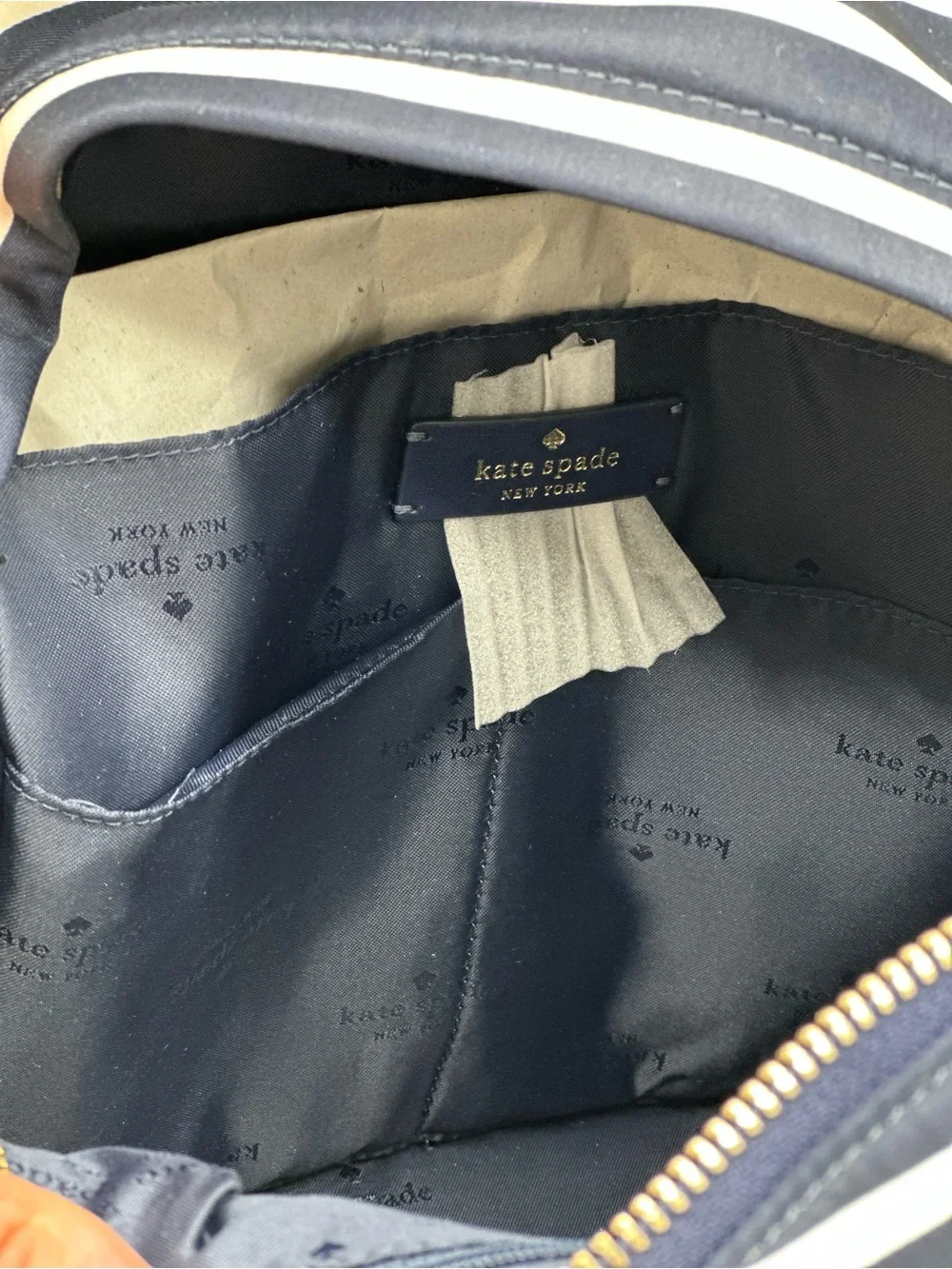 kate spade navy and white striped mini backpack with gold logo - Picture 7 of 11
